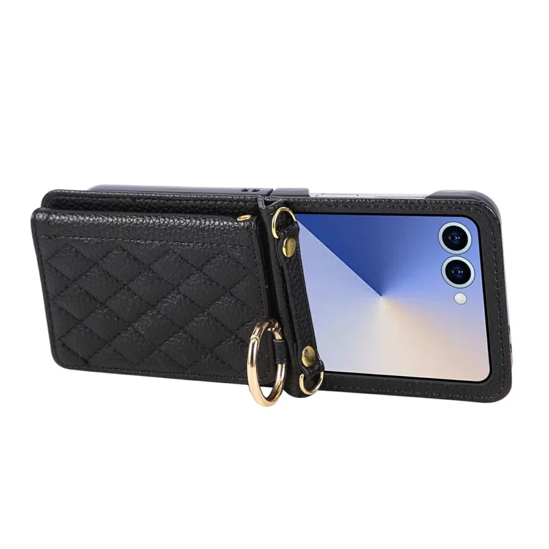 Cover per Samsung Galaxy Z Flip7 5G con Supporto a Rombo in Pelle + TPU con Cinturino a Tracolla - Nero