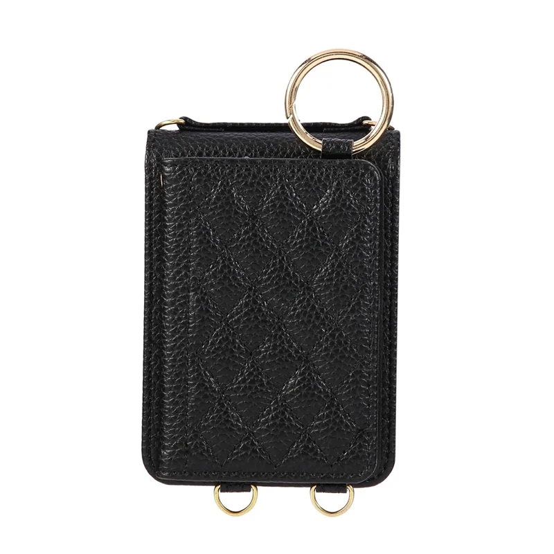 Cover per Samsung Galaxy Z Flip7 5G con Supporto a Rombo in Pelle + TPU con Cinturino a Tracolla - Nero