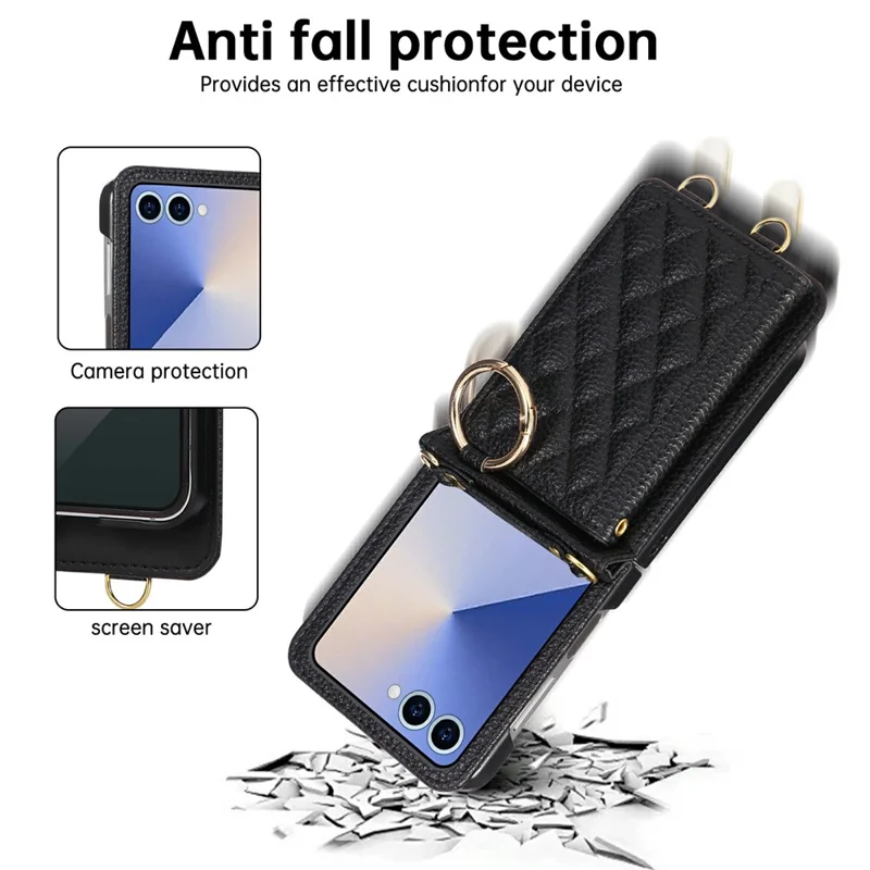 Cover per Samsung Galaxy Z Flip7 5G con Supporto a Rombo in Pelle + TPU con Cinturino a Tracolla - Nero