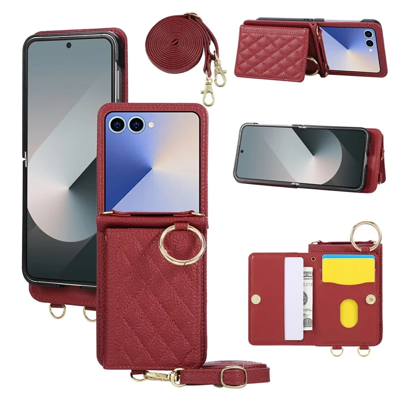 For Samsung Galaxy Z Flip7 5G Case Kickstand Rhombus Leather + TPU Phone Cover with Shoulder Strap - Red