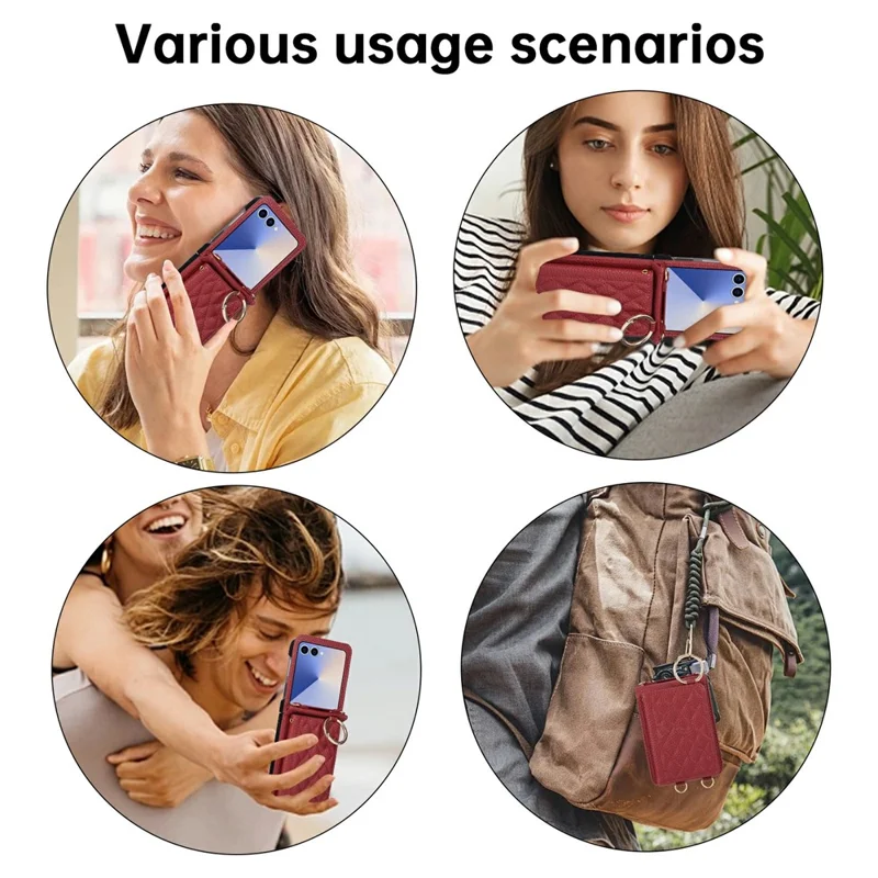 For Samsung Galaxy Z Flip7 5G Case Kickstand Rhombus Leather + TPU Phone Cover with Shoulder Strap - Red
