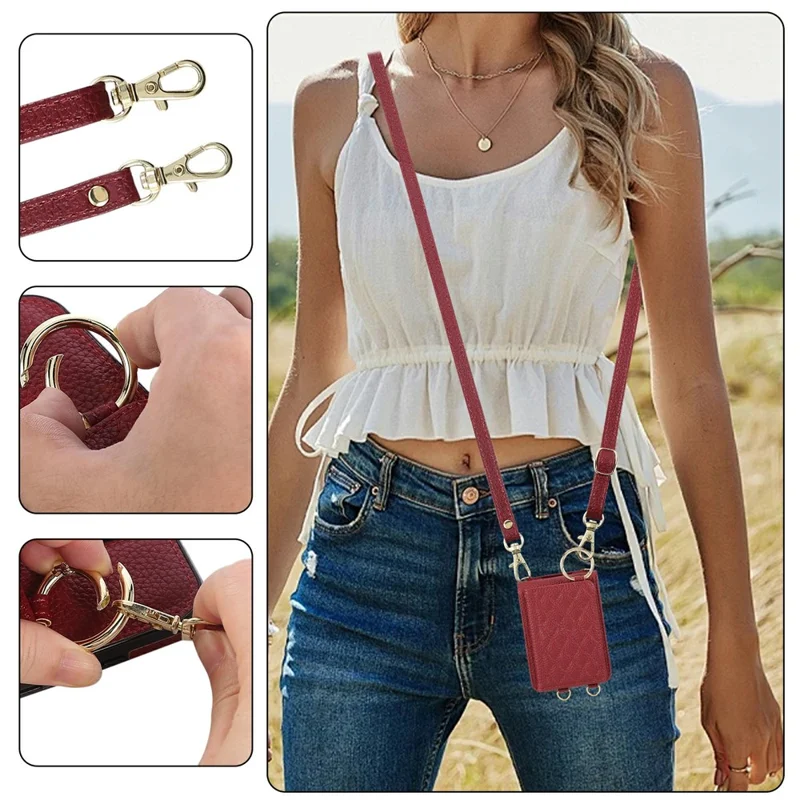 For Samsung Galaxy Z Flip7 5G Case Kickstand Rhombus Leather + TPU Phone Cover with Shoulder Strap - Red