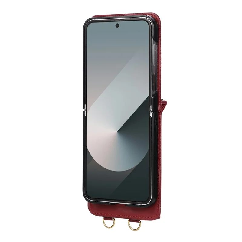 For Samsung Galaxy Z Flip7 5G Case Kickstand Rhombus Leather + TPU Phone Cover with Shoulder Strap - Red