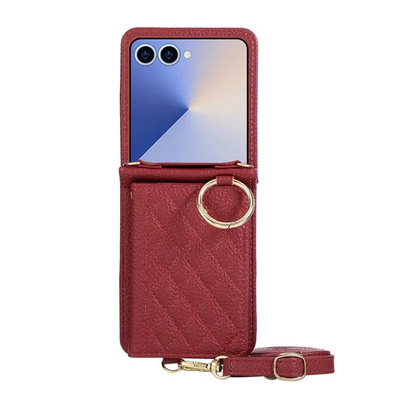 For Samsung Galaxy Z Flip7 5G Case Kickstand Rhombus Leather + TPU Phone Cover with Shoulder Strap - Red
