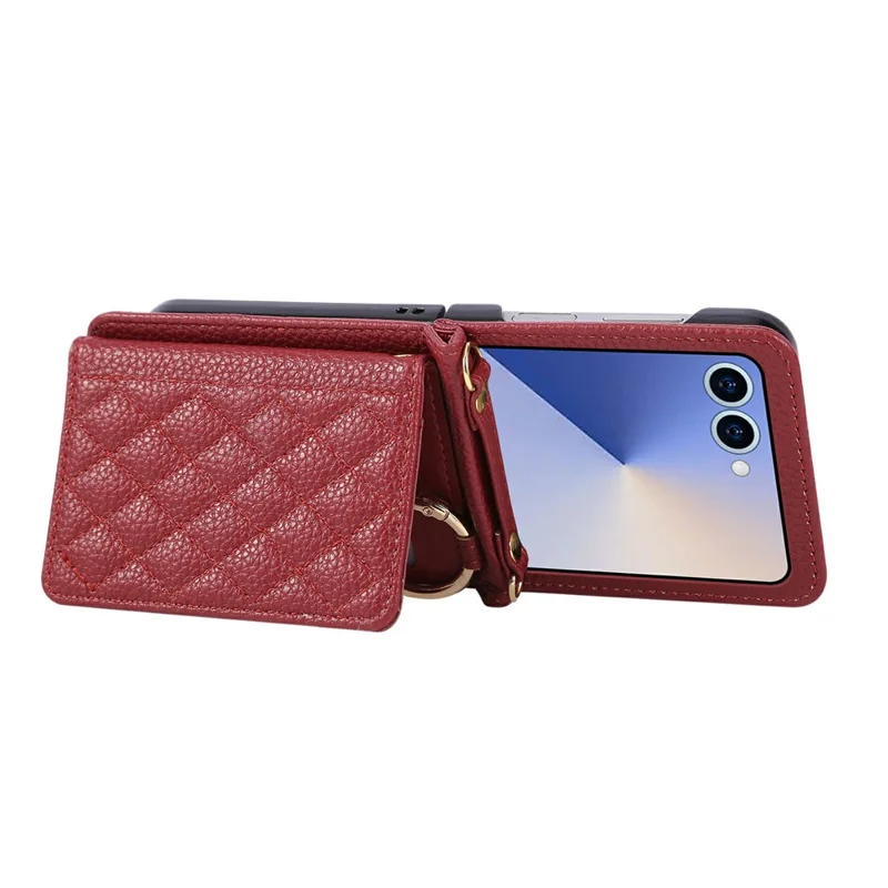 For Samsung Galaxy Z Flip7 5G Case Kickstand Rhombus Leather + TPU Phone Cover with Shoulder Strap - Red
