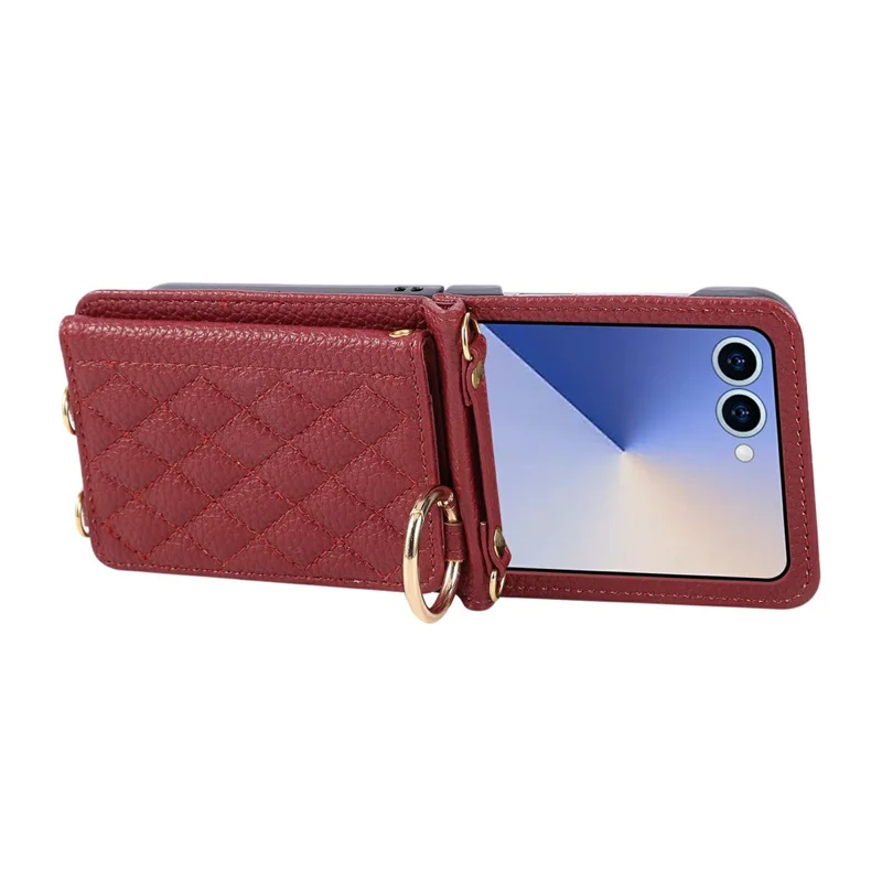 For Samsung Galaxy Z Flip7 5G Case Kickstand Rhombus Leather + TPU Phone Cover with Shoulder Strap - Red
