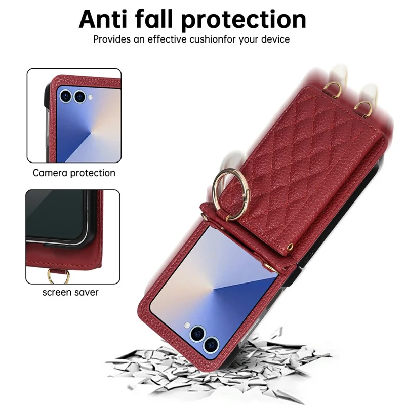 For Samsung Galaxy Z Flip7 5G Case Kickstand Rhombus Leather + TPU Phone Cover with Shoulder Strap - Red