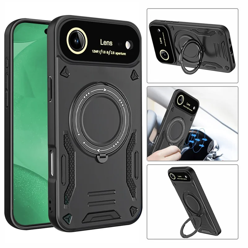 For iPhone 17 Air Case Rotating Magnetic Kickstand PC + TPU Phone Cover - Black