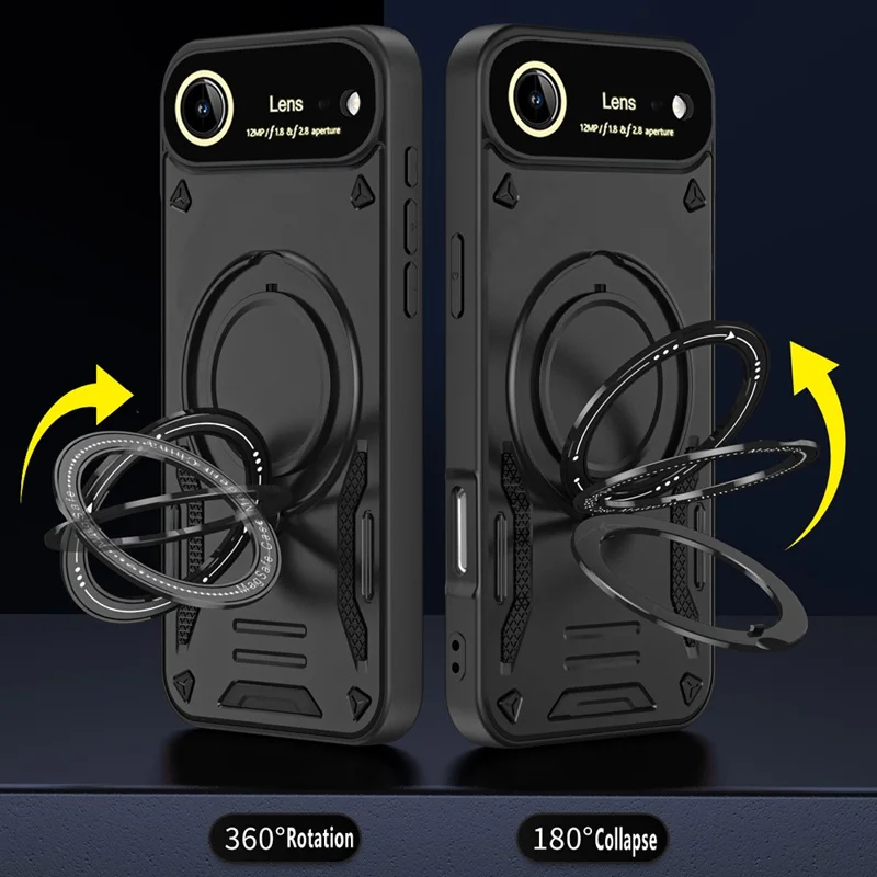 For iPhone 17 Air Case Rotating Magnetic Kickstand PC + TPU Phone Cover - Black