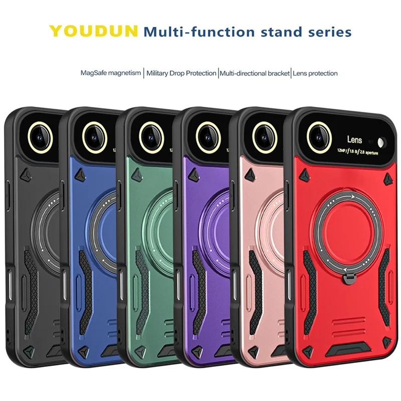 For iPhone 17 Air Case Rotating Magnetic Kickstand PC + TPU Phone Cover - Black