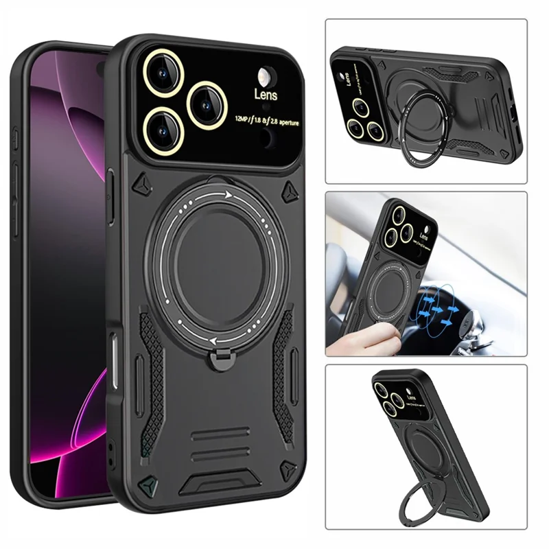 For iPhone 17 Pro Case Rotating Magnetic Kickstand PC + TPU Phone Cover - Black