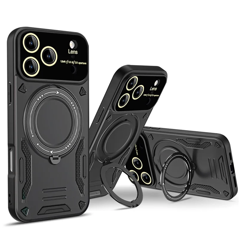 For iPhone 17 Pro Case Rotating Magnetic Kickstand PC + TPU Phone Cover - Black
