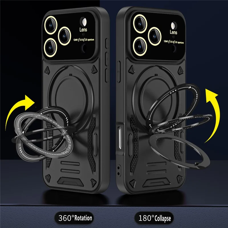 For iPhone 17 Pro Max Case Rotating Magnetic Kickstand PC + TPU Phone Cover - Black