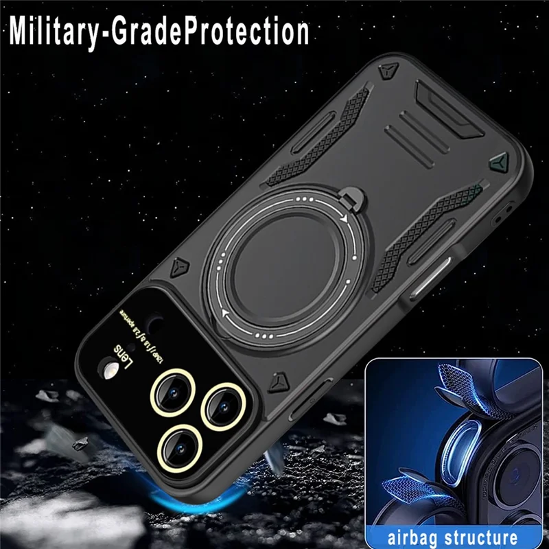 For iPhone 17 Pro Max Case Rotating Magnetic Kickstand PC + TPU Phone Cover - Black