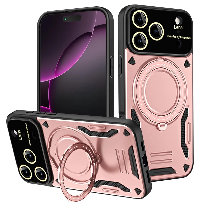 For iPhone 17 Pro Max Case Rotating Magnetic Kickstand PC + TPU Phone Cover - Rose Gold