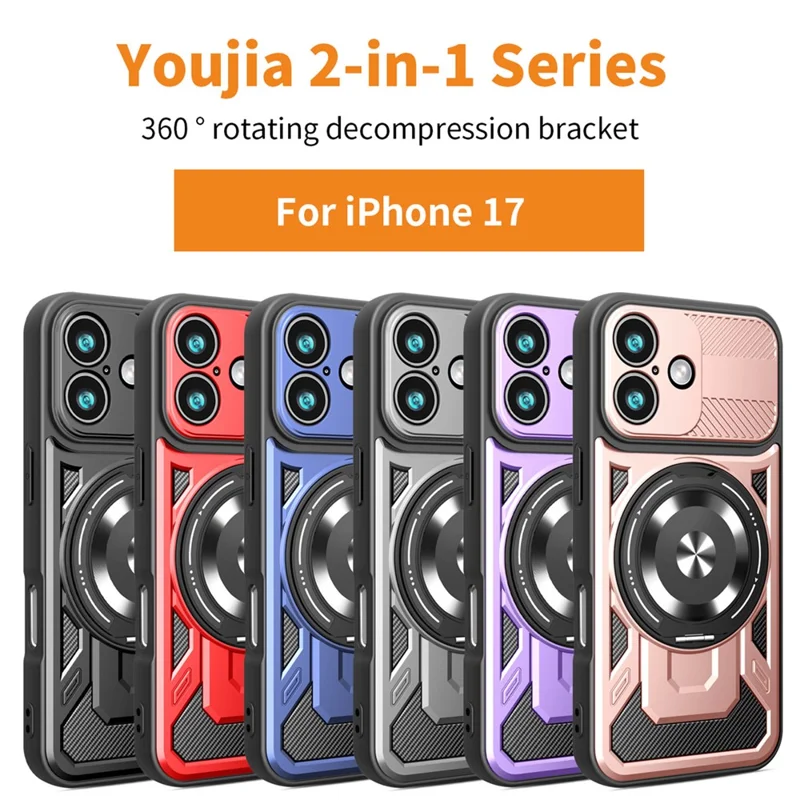 For iPhone 17 Magnetic Case Rotating Kickstand TPU + PC Phone Cover - Grey