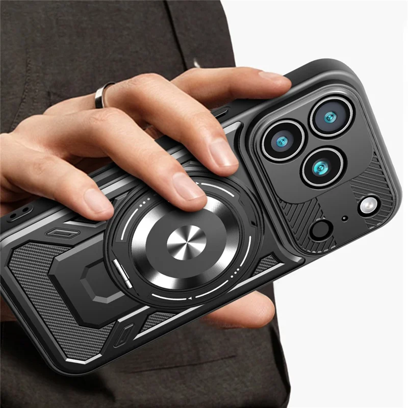 For iPhone 17 Pro Magnetic Case Rotating Kickstand TPU + PC Phone Cover - Black