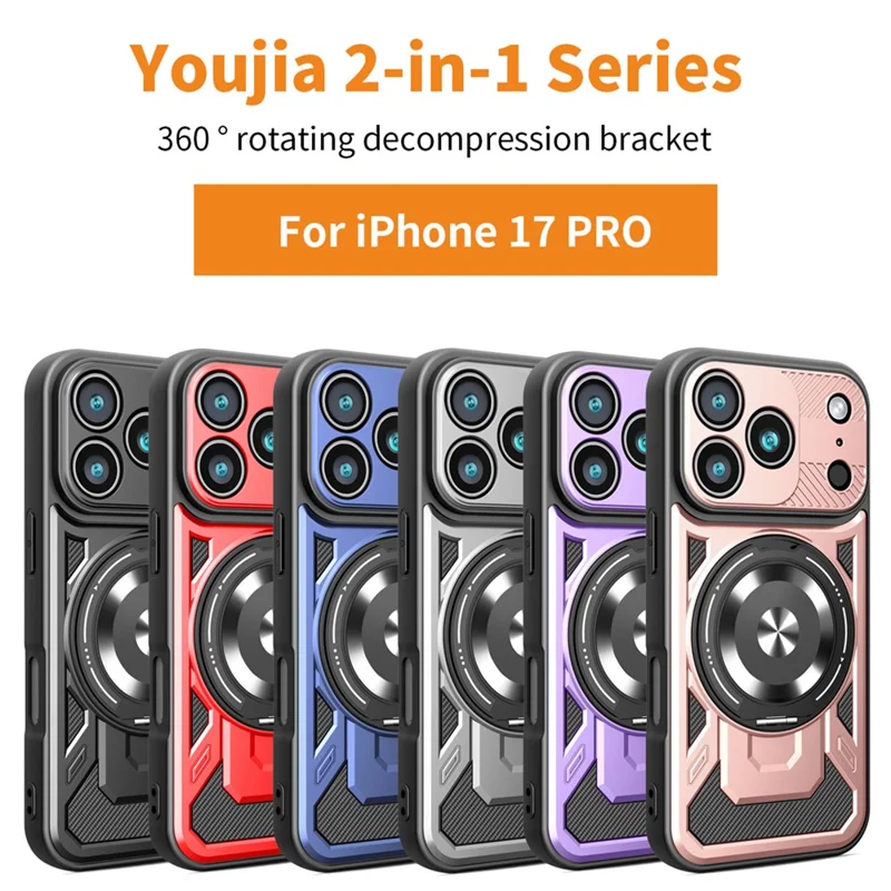 For iPhone 17 Pro Magnetic Case Rotating Kickstand TPU + PC Phone Cover - Black