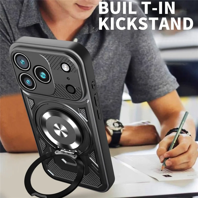 For iPhone 17 Pro Magnetic Case Rotating Kickstand TPU + PC Phone Cover - Black