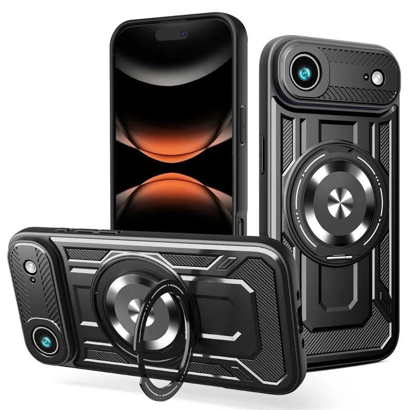 For iPhone 17 Air Magnetic Case Rotating Kickstand TPU + PC Phone Cover - Black