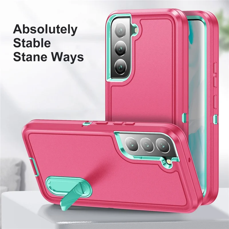 Funda para Samsung Galaxy S22+ 5G con Soporte, Carcasa Híbrida de PC + Silicona + EVA de 3 Componentes - Rosa + Cian Claro