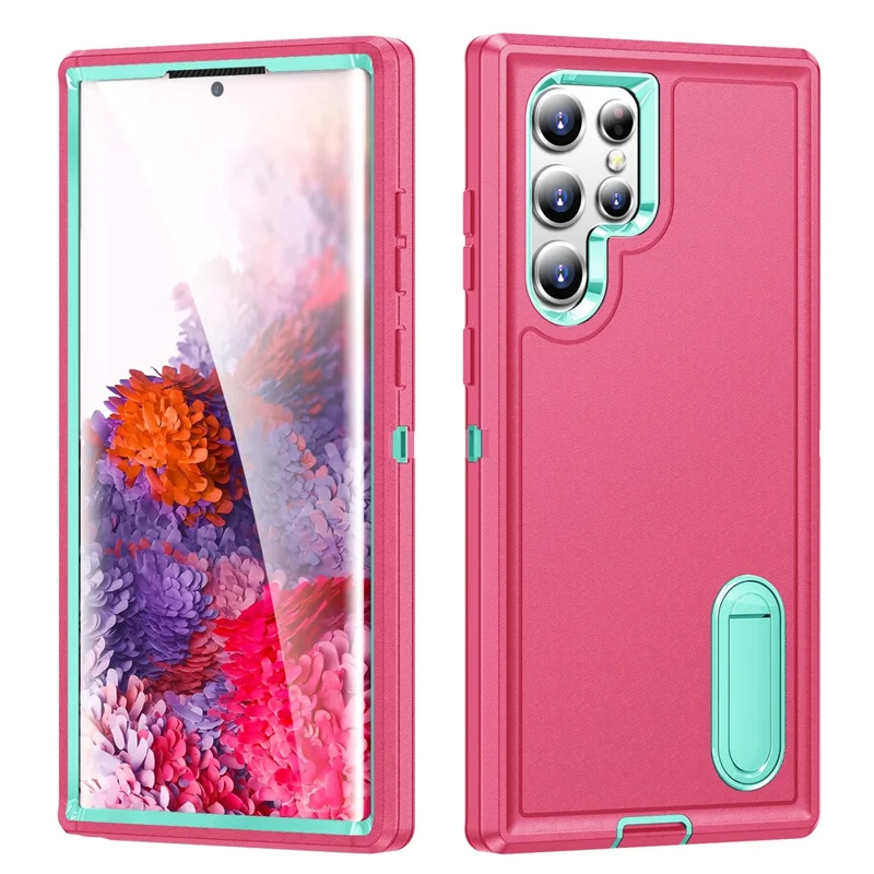 For Samsung Galaxy S22 Ultra 5G Case Case Kickstand Phone Cover PC + Silicone + EVA 3-in-1 Design - Rose + Light Cyan