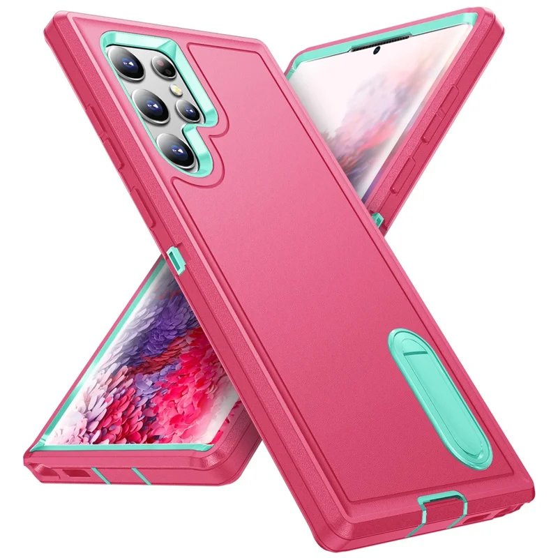 For Samsung Galaxy S22 Ultra 5G Case Case Kickstand Phone Cover PC + Silicone + EVA 3-in-1 Design - Rose + Light Cyan