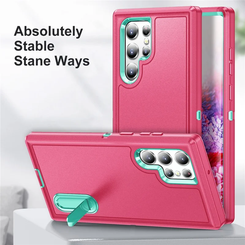 For Samsung Galaxy S22 Ultra 5G Case Case Kickstand Phone Cover PC + Silicone + EVA 3-in-1 Design - Rose + Light Cyan