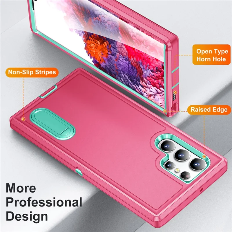 For Samsung Galaxy S22 Ultra 5G Case Case Kickstand Phone Cover PC + Silicone + EVA 3-in-1 Design - Rose + Light Cyan