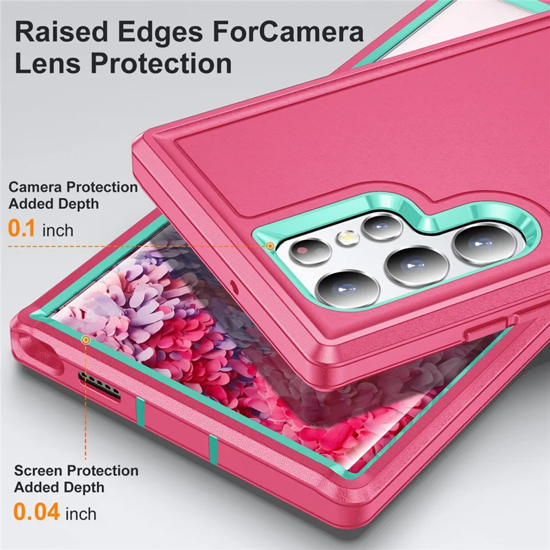For Samsung Galaxy S22 Ultra 5G Case Case Kickstand Phone Cover PC + Silicone + EVA 3-in-1 Design - Rose + Light Cyan