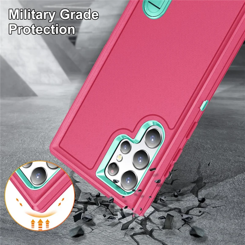 For Samsung Galaxy S22 Ultra 5G Case Case Kickstand Phone Cover PC + Silicone + EVA 3-in-1 Design - Rose + Light Cyan