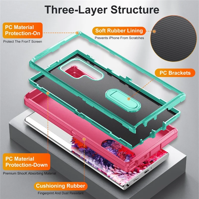 For Samsung Galaxy S22 Ultra 5G Case Case Kickstand Phone Cover PC + Silicone + EVA 3-in-1 Design - Rose + Light Cyan