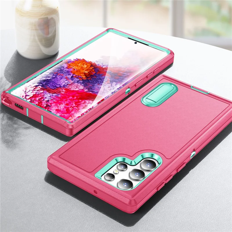 For Samsung Galaxy S22 Ultra 5G Case Case Kickstand Phone Cover PC + Silicone + EVA 3-in-1 Design - Rose + Light Cyan