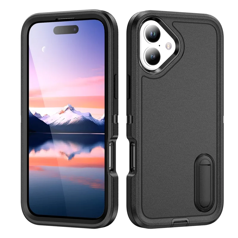 For iPhone 17 Case Case Kickstand Phone Cover PC + Silicone + EVA 3-in-1 Design - Black + Black