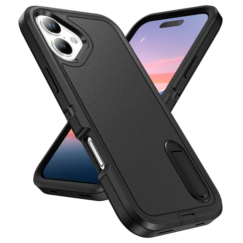 For iPhone 17 Case Case Kickstand Phone Cover PC + Silicone + EVA 3-in-1 Design - Black + Black