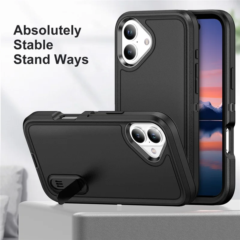 For iPhone 17 Case Case Kickstand Phone Cover PC + Silicone + EVA 3-in-1 Design - Black + Black