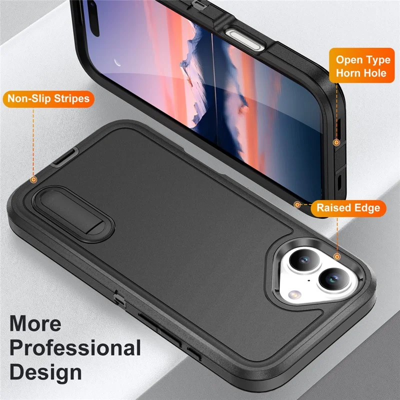 For iPhone 17 Case Case Kickstand Phone Cover PC + Silicone + EVA 3-in-1 Design - Black + Black