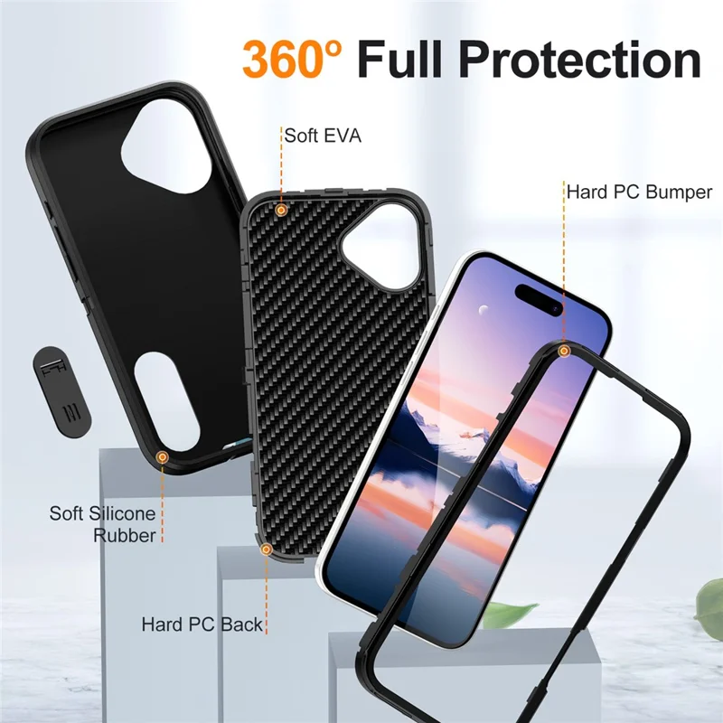 For iPhone 17 Case Case Kickstand Phone Cover PC + Silicone + EVA 3-in-1 Design - Black + Black