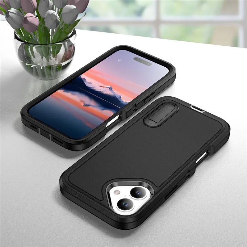 For iPhone 17 Case Case Kickstand Phone Cover PC + Silicone + EVA 3-in-1 Design - Black + Black