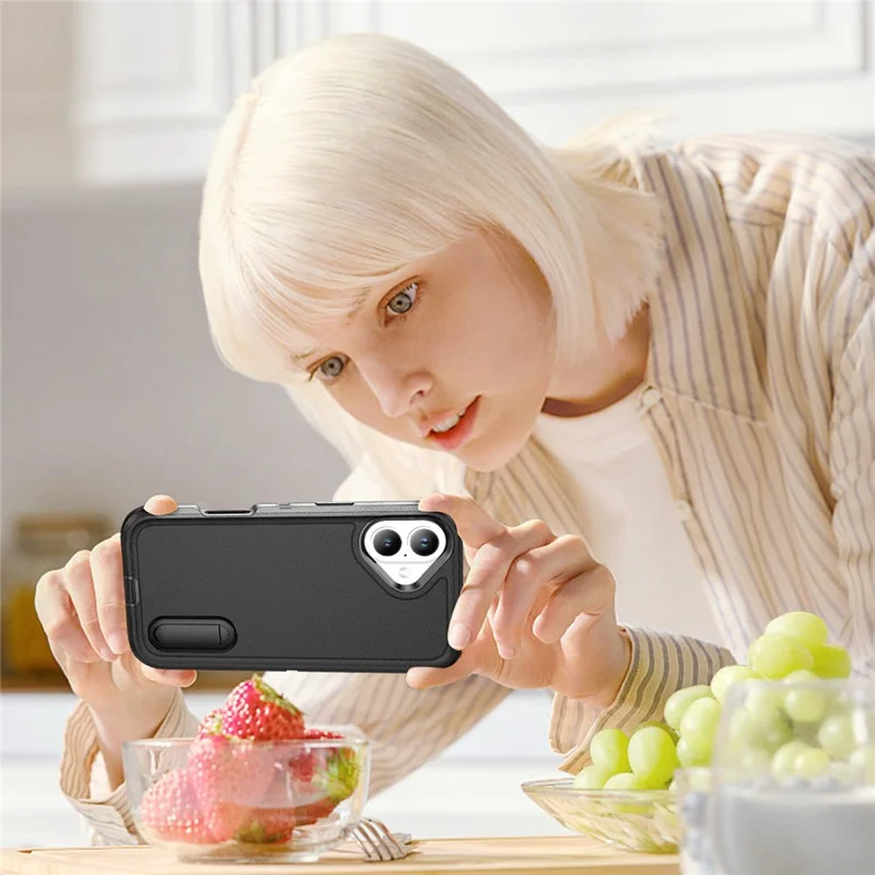 For iPhone 17 Case Case Kickstand Phone Cover PC + Silicone + EVA 3-in-1 Design - Black + Black