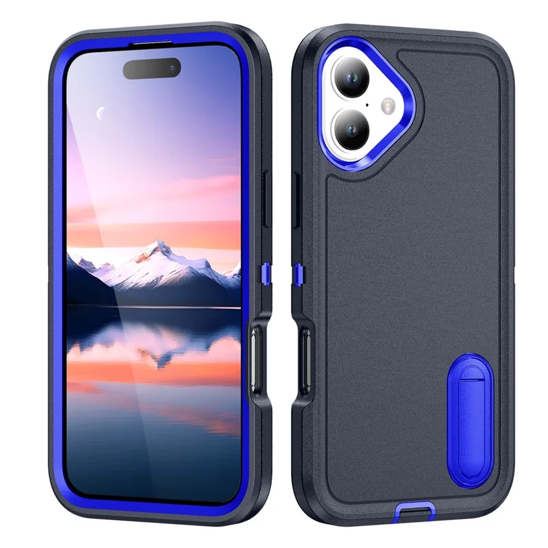 For iPhone 17 Case Case Kickstand Phone Cover PC + Silicone + EVA 3-in-1 Design - Dark Blue + Sapphire