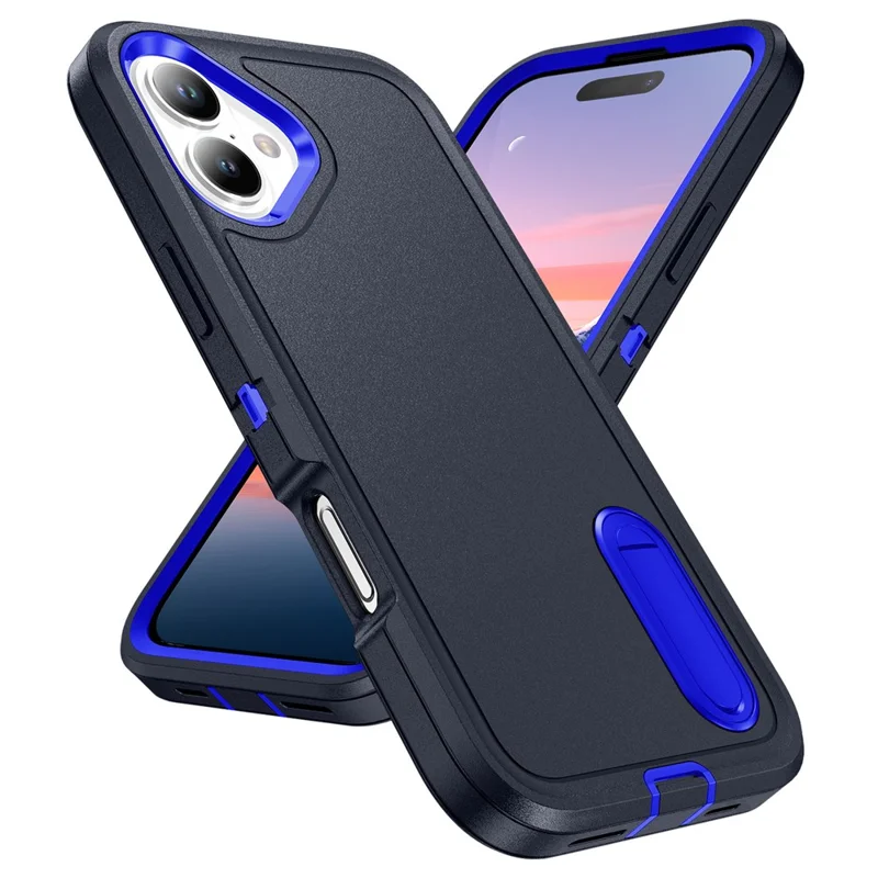 For iPhone 17 Case Case Kickstand Phone Cover PC + Silicone + EVA 3-in-1 Design - Dark Blue + Sapphire