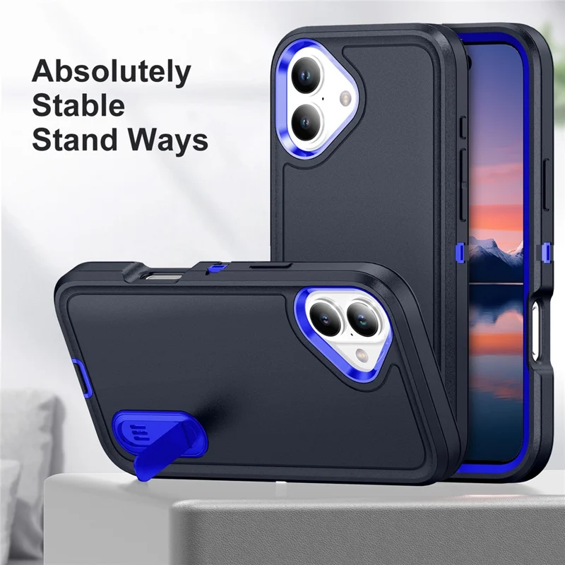 For iPhone 17 Case Case Kickstand Phone Cover PC + Silicone + EVA 3-in-1 Design - Dark Blue + Sapphire