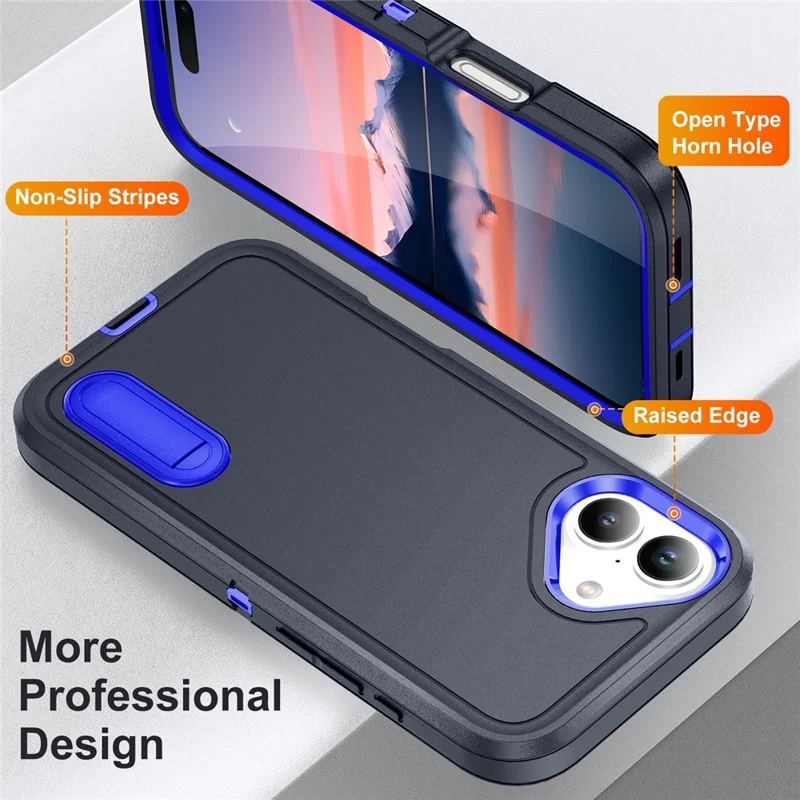 For iPhone 17 Case Case Kickstand Phone Cover PC + Silicone + EVA 3-in-1 Design - Dark Blue + Sapphire