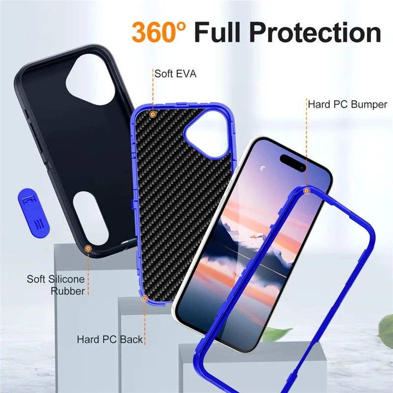 For iPhone 17 Case Case Kickstand Phone Cover PC + Silicone + EVA 3-in-1 Design - Dark Blue + Sapphire
