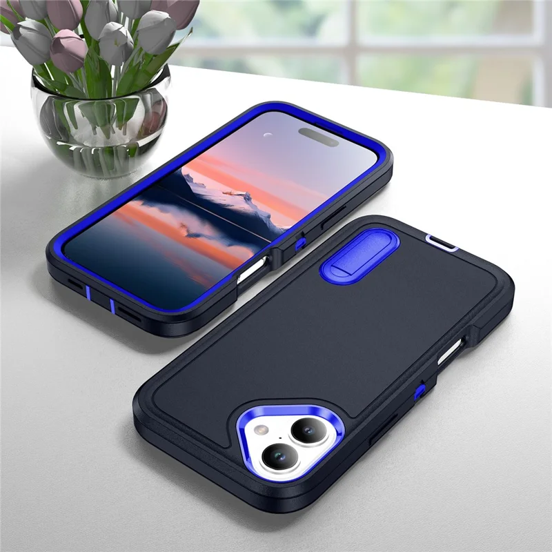 For iPhone 17 Case Case Kickstand Phone Cover PC + Silicone + EVA 3-in-1 Design - Dark Blue + Sapphire