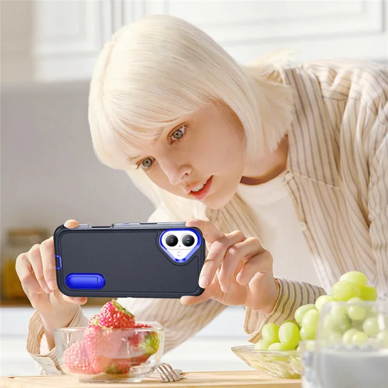For iPhone 17 Case Case Kickstand Phone Cover PC + Silicone + EVA 3-in-1 Design - Dark Blue + Sapphire