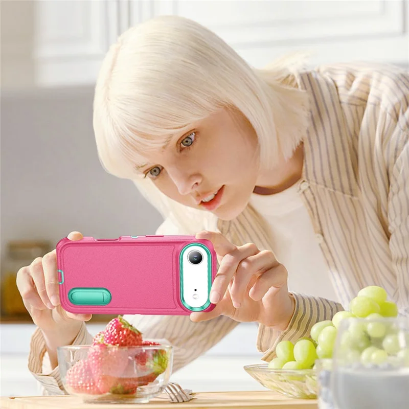 Für iPhone 17 Air Case Hülle mit Ständer Handyhülle PC + Silikon + EVA 3-in-1 Design - Rosa + Hellcyan