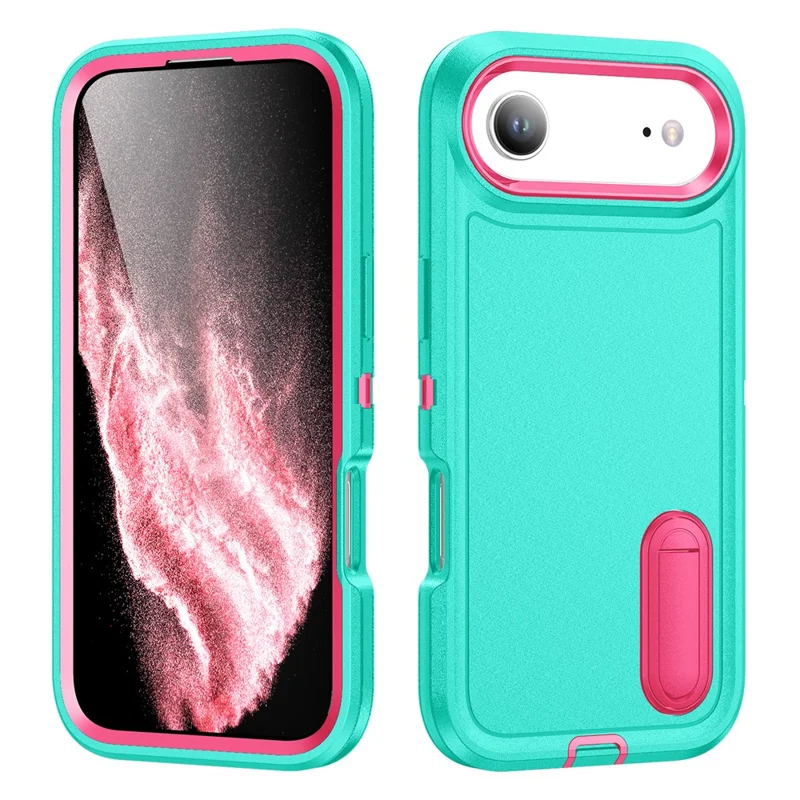 For iPhone Air Case Case Kickstand Phone Cover PC + Silicone + EVA 3-in-1 Design - Light Cyan + Rose