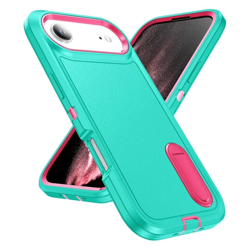 For iPhone Air Case Case Kickstand Phone Cover PC + Silicone + EVA 3-in-1 Design - Light Cyan + Rose